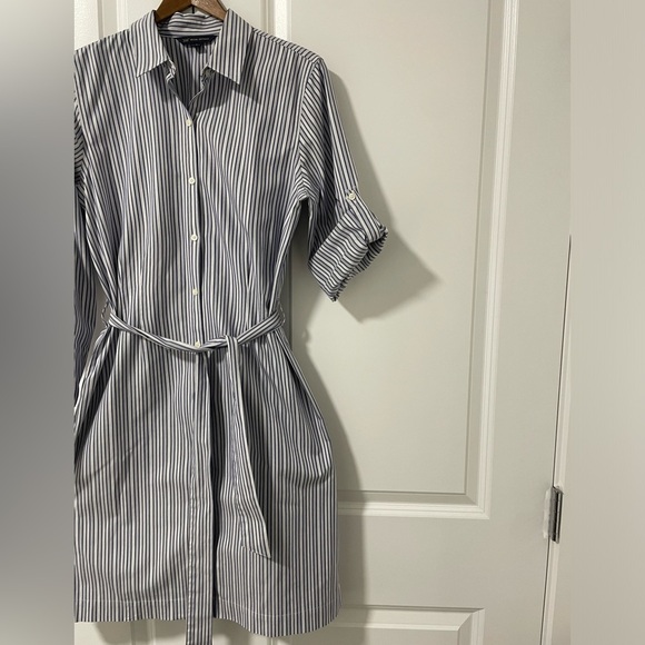 BROOKS BROTHERS 346 -Women’s 8 White Blue Striped Tie Belt Shirt Dress Roll Tab - Picture 5 of 6